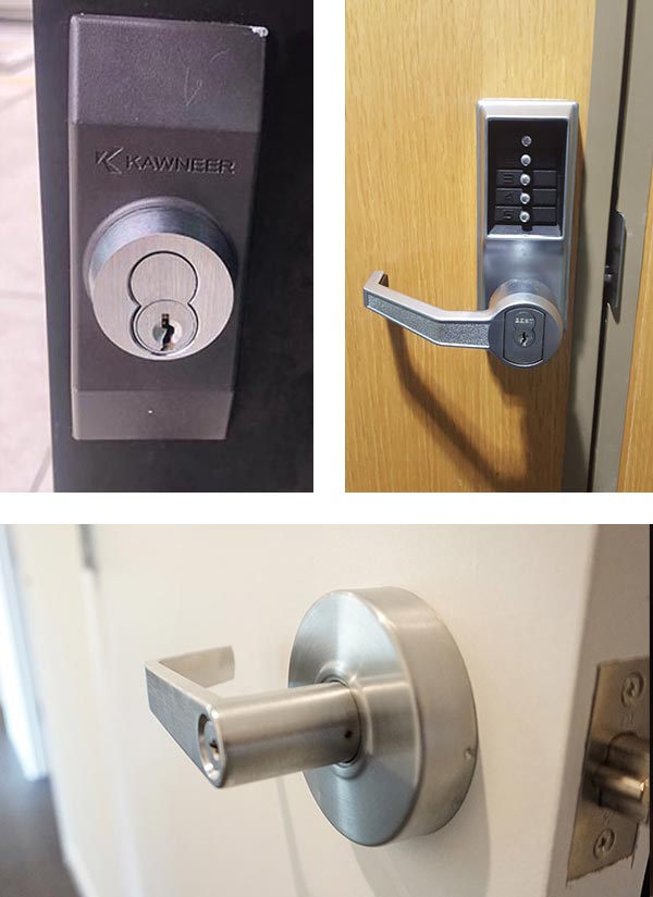 Commercial door locks: IC core deadbolt, keypad lock, ADA lever lock.
