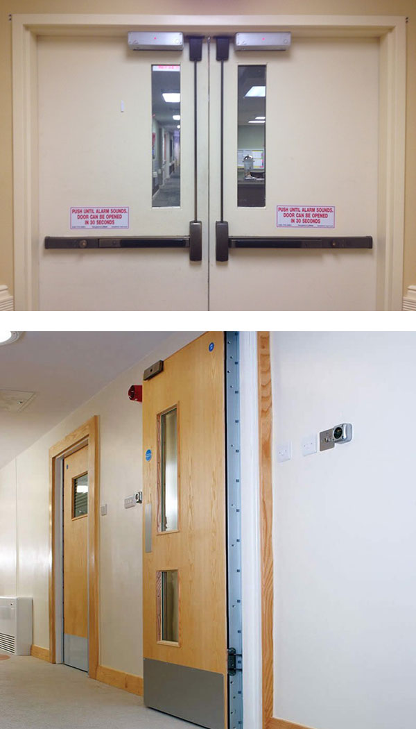 commercial door with surface-mounded door closers and push bars (top) and a door with continuous hinge (bottom).
