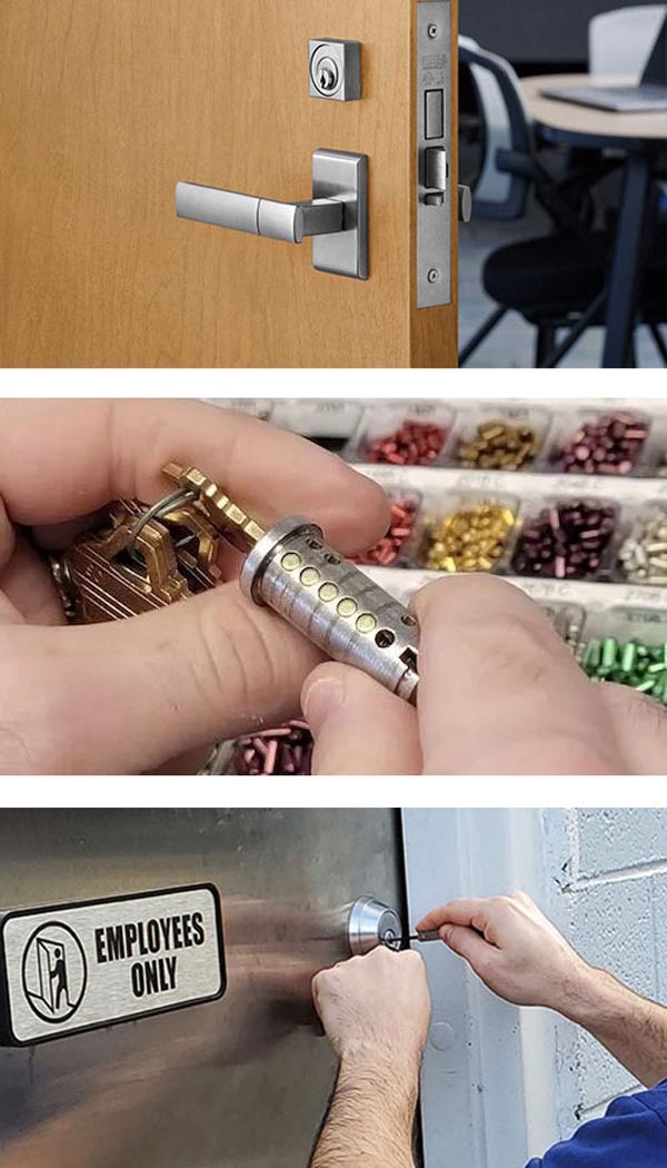 Commercial services we offer: door hardware installation, lock rekeying, and emergency lockout service.