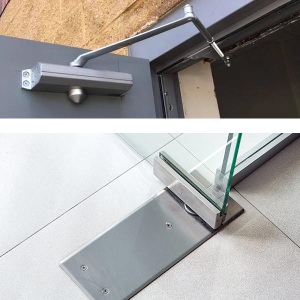 Two types of commercial door closers: Surface mount closer on a hollow metal door (top), and floor-mounted closer on a frameless glass door (bottom).