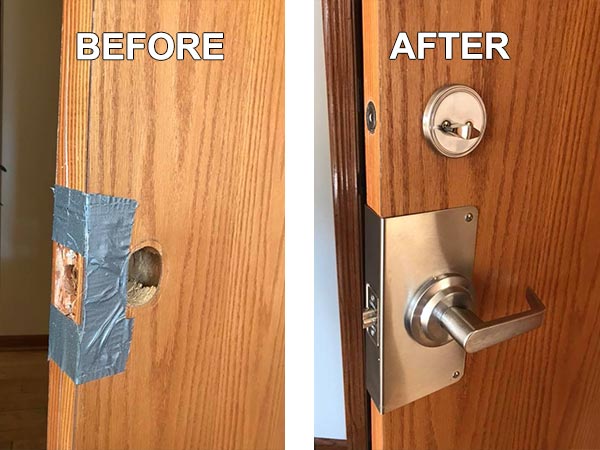 Before and After: Wood door that was kicked in and the new wrap plate, lever handle, and deadbolt installed.