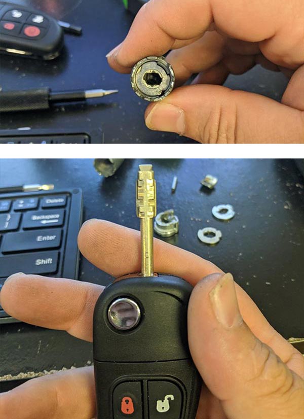 Jaguar ignition cylinder we repaired (top) and the new Tibbe key we cut and programmed (bottom).