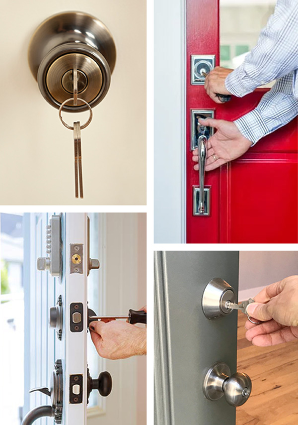 Residential door locks (clockwise from top right): deadbolt & thumb latch handleset, doorknob lock & matching deadbolt, door with smartlock, deadbolt, and thumb latch handleset, keyed doorknob.