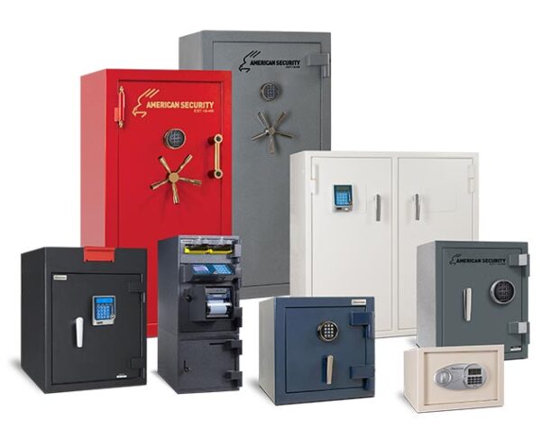 group of 8 AMSEC safe models of different sizes